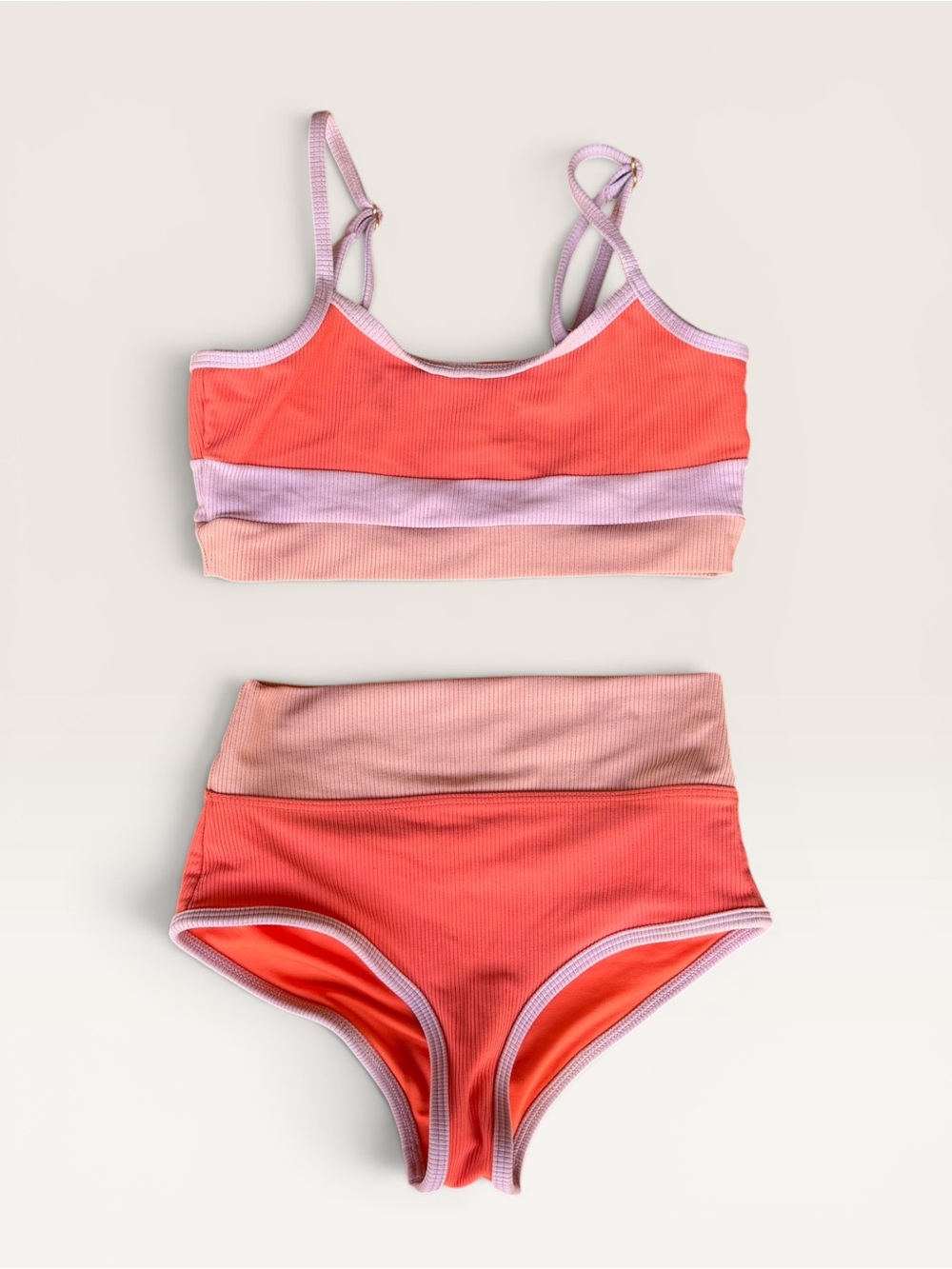 Beach Riot Girls Coral & Pink Colorblock Ribbed Bikini Set
